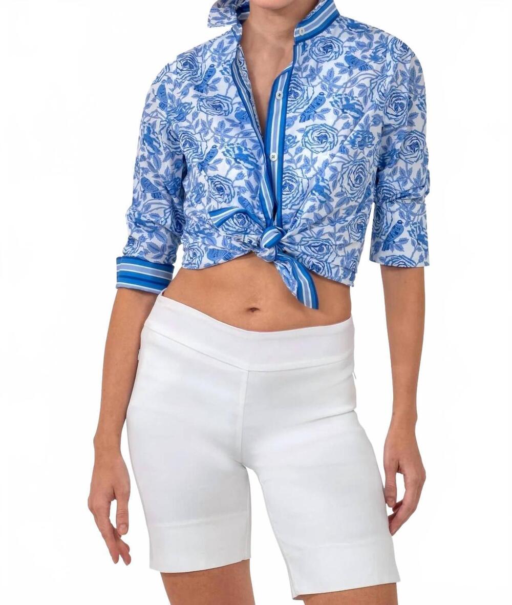 NEW GRETCHEN SCOTT boyfriend smell the roses shirt in blues